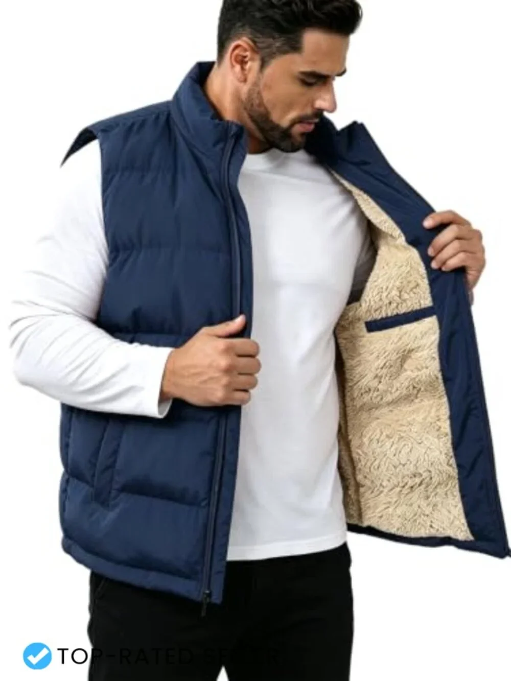 Men's Quilted Puffer Vest Fleece Lined Sleeveless Insulated Zip Up Water